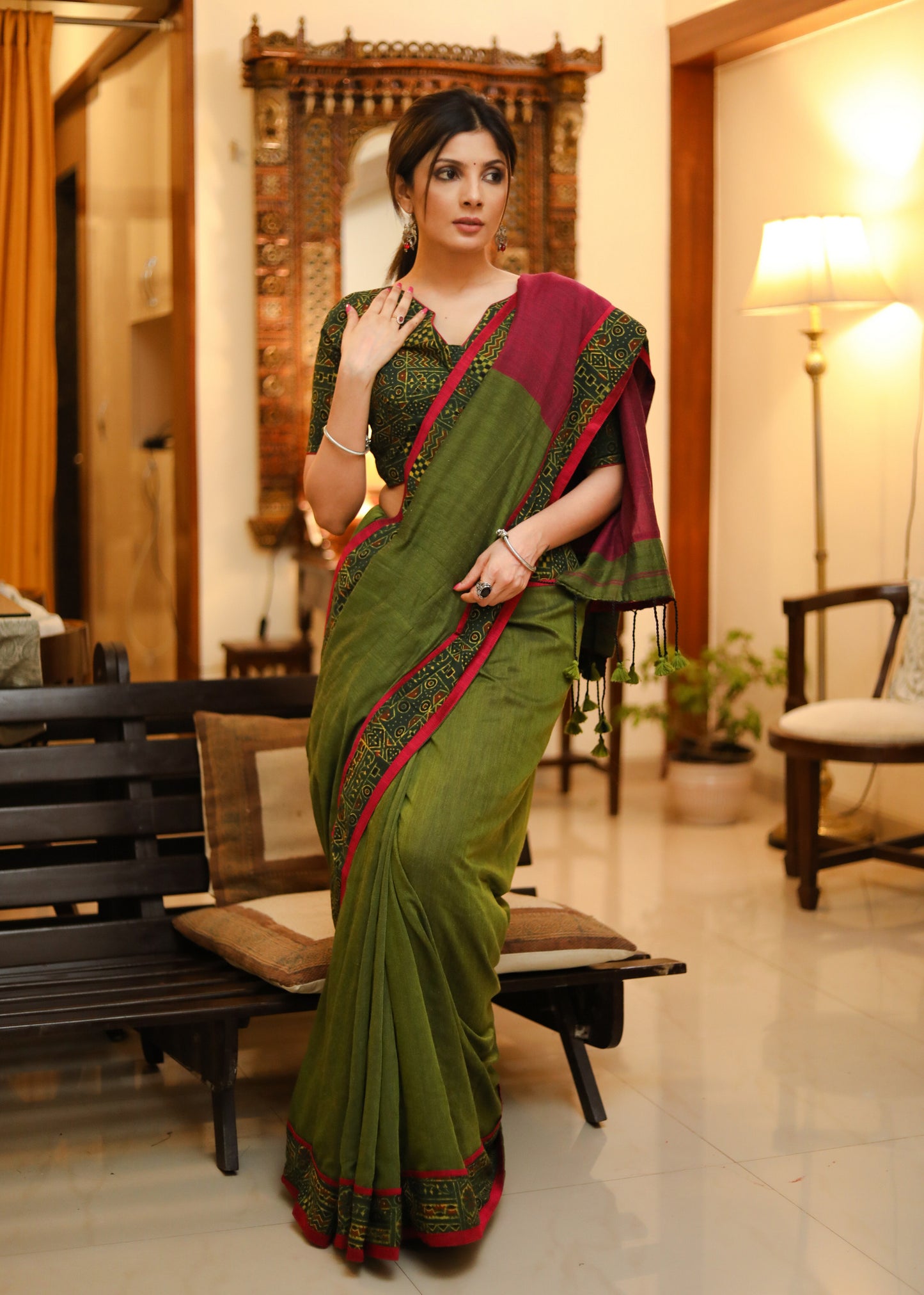 Versatile green and magenta combination Cotton saree with green Ajrakh border