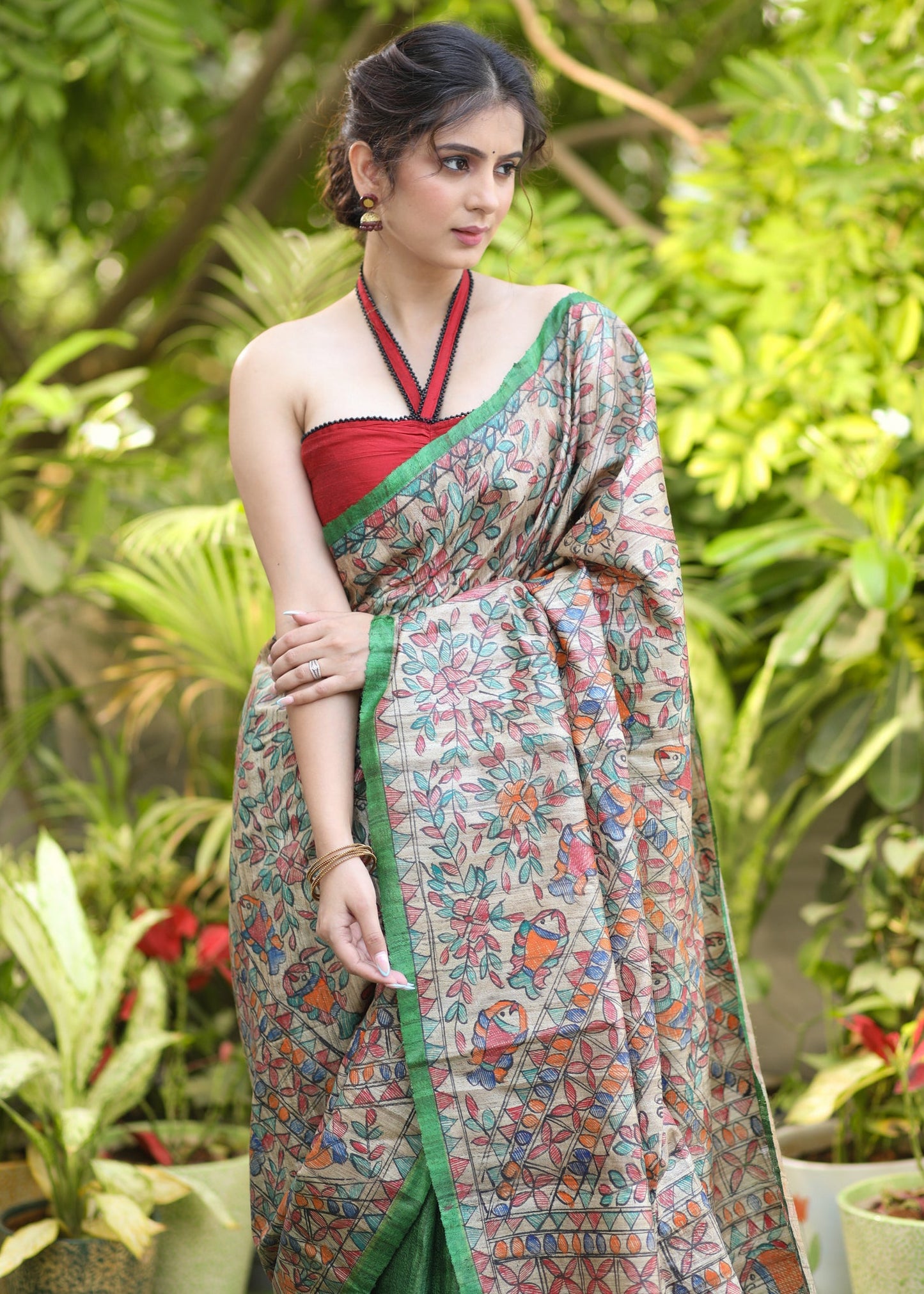 Artisanal Green Pure Ghicha Silk Handpainted Madhubani Saree