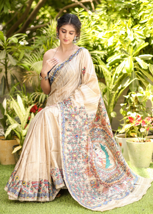 Regal Cream Pure Ghicha Silk Saree with Handpainted Madhubani art