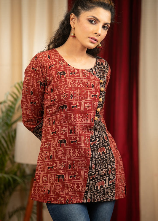 Exclusive abstract printed Ajrakh combination cotton top