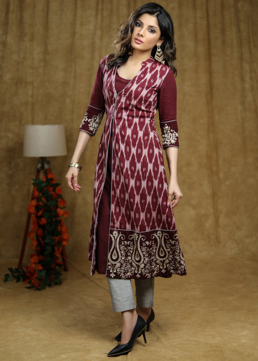 Cotton Embroidered Wine Kurta with Matchiong Pant - Embroidered Ikat Jacket Optional