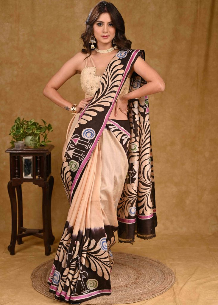 Classic Cream Pure Silk Batik Saree