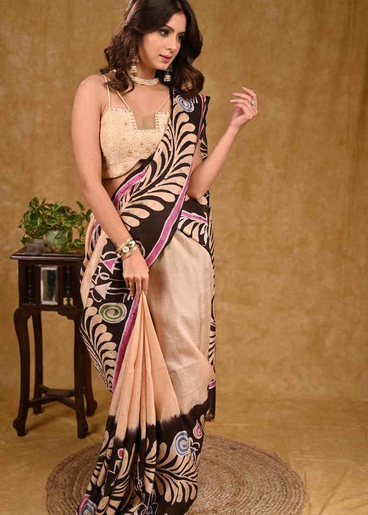 Classic Cream Pure Silk Batik Saree