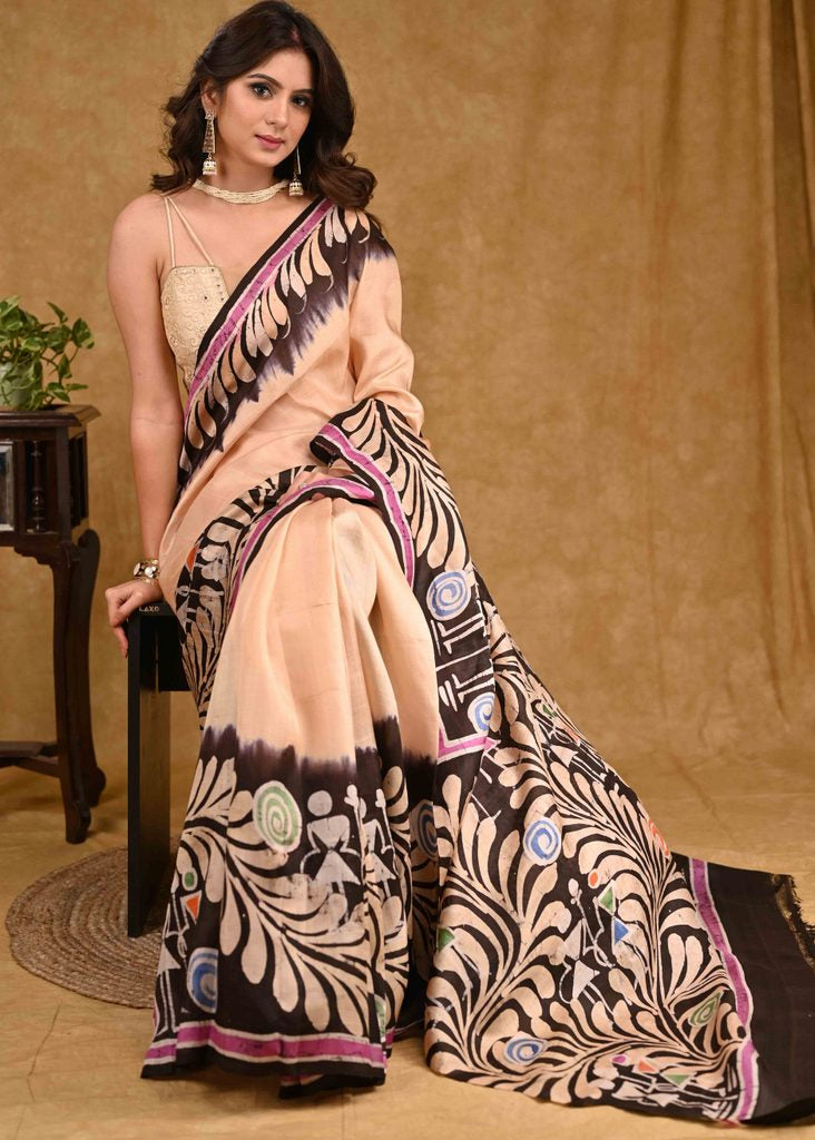 Classic Cream Pure Silk Batik Saree