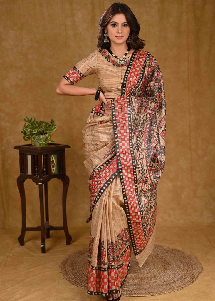 Graceful Cream Ghicha Silk Red Handpainted Madhubani Saree