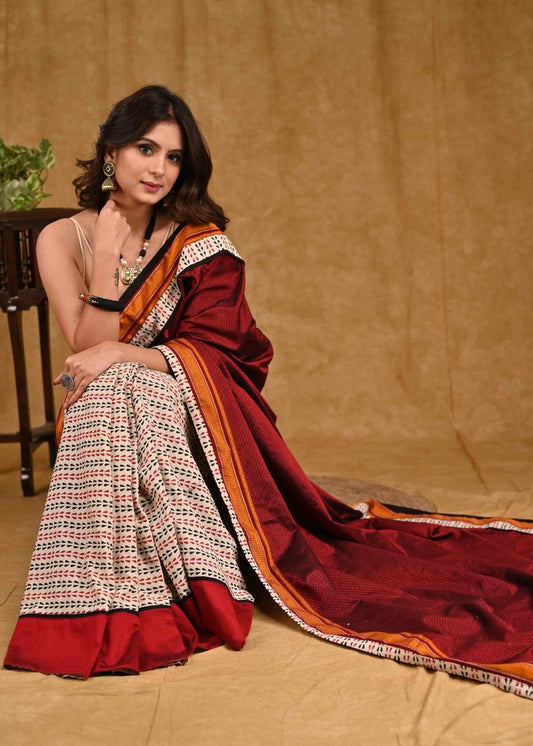 Classy Maroon Khun Pallu Saree with Cream Ajrakh Pleats