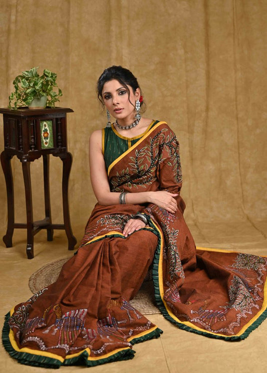 Exclusive Brown Gond Painting Cotton Saree with Green Ikaat and Mustard Border