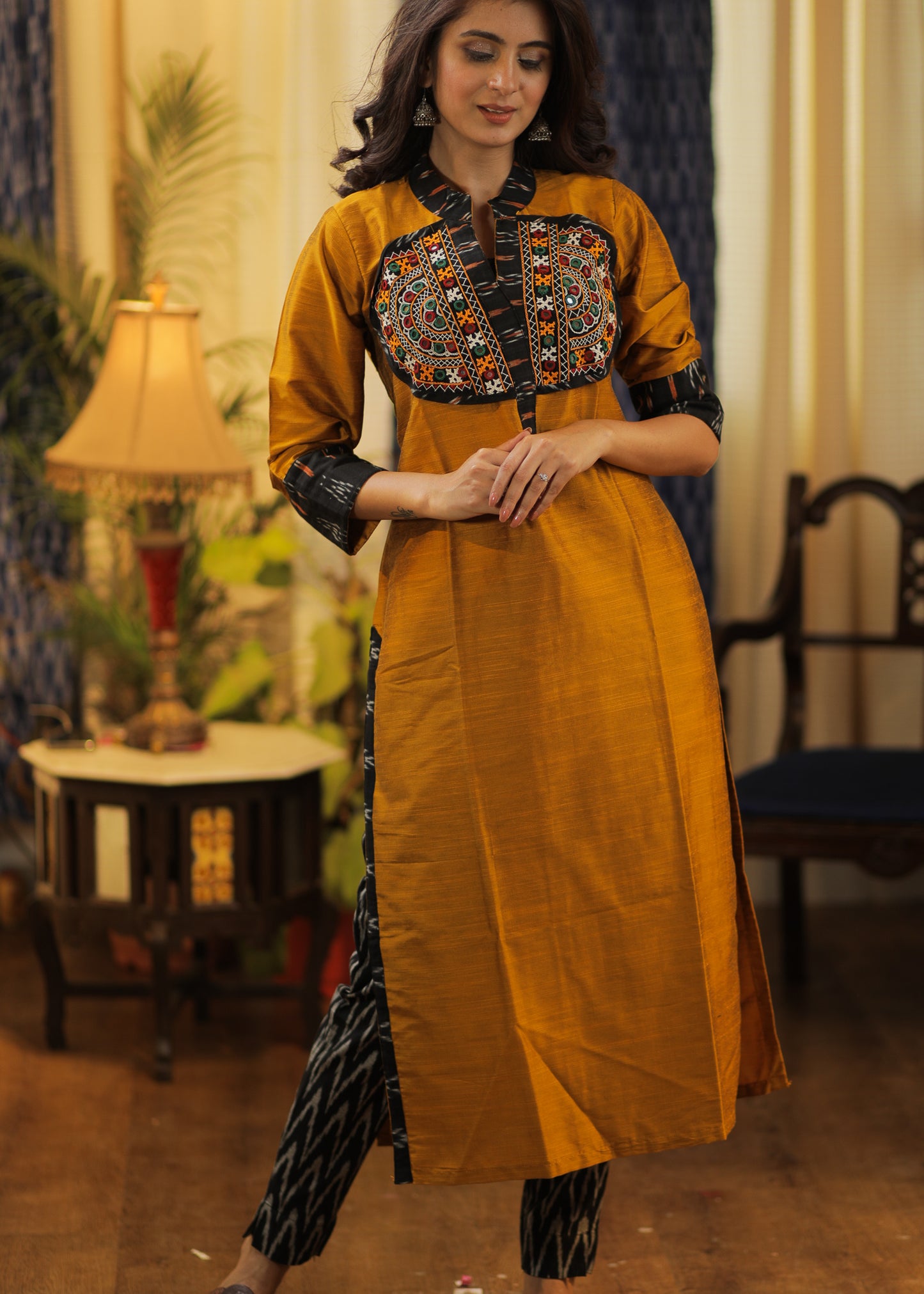 Straight cut Mustard Cotton Silk  Kurta with Exclusive Hand made Kutch Mirror work and Ikat