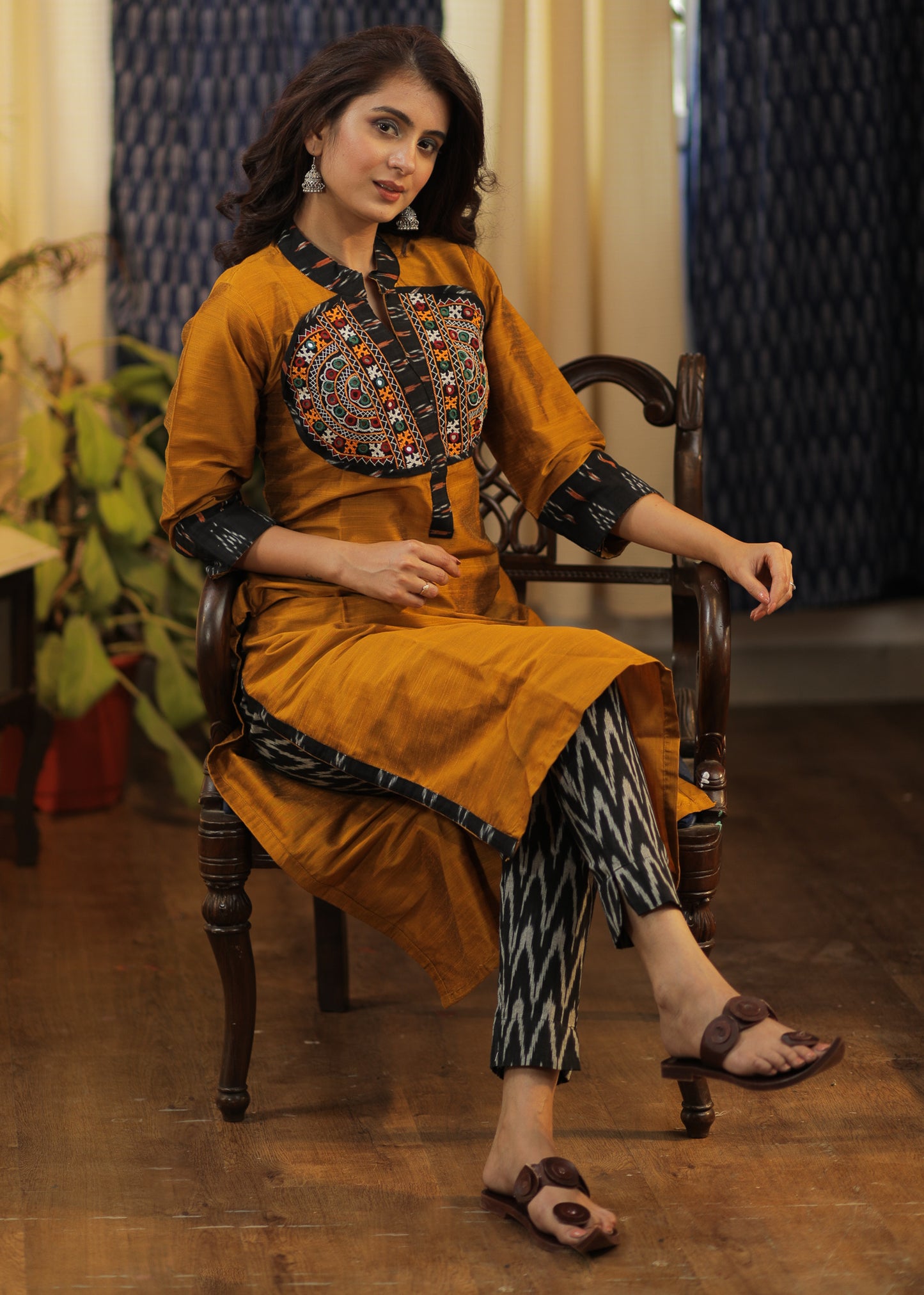 Straight cut Mustard Cotton Silk  Kurta with Exclusive Hand made Kutch Mirror work and Ikat