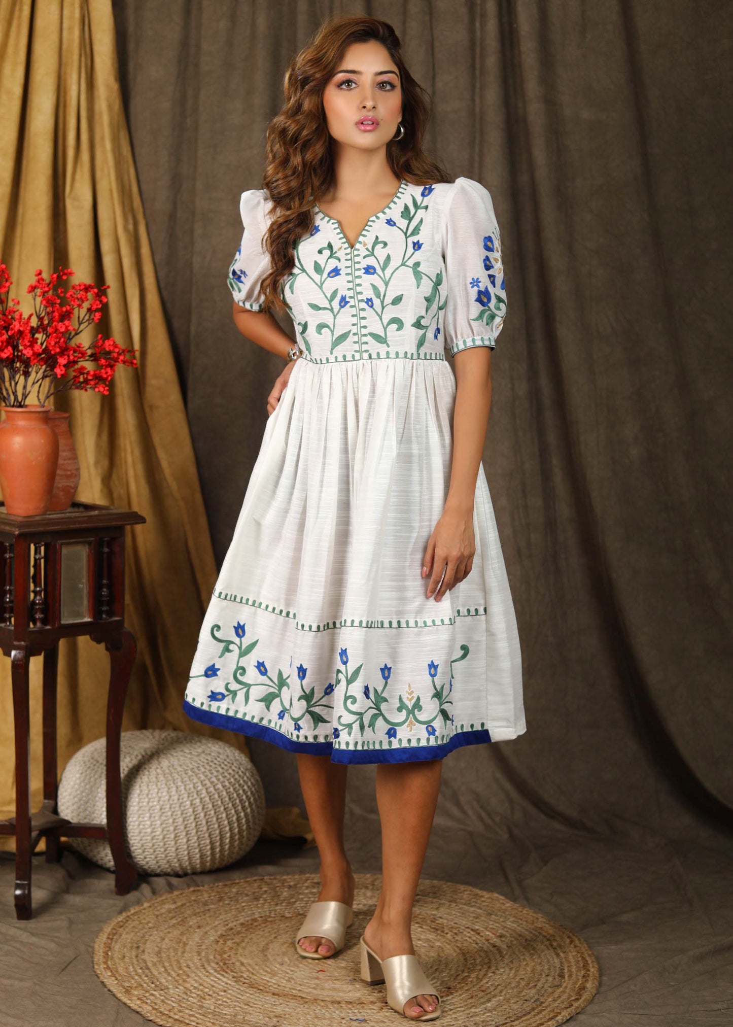 Stylish classic white  cotton silk gathered dress with elegant embroidery paired with chanderi sleeves