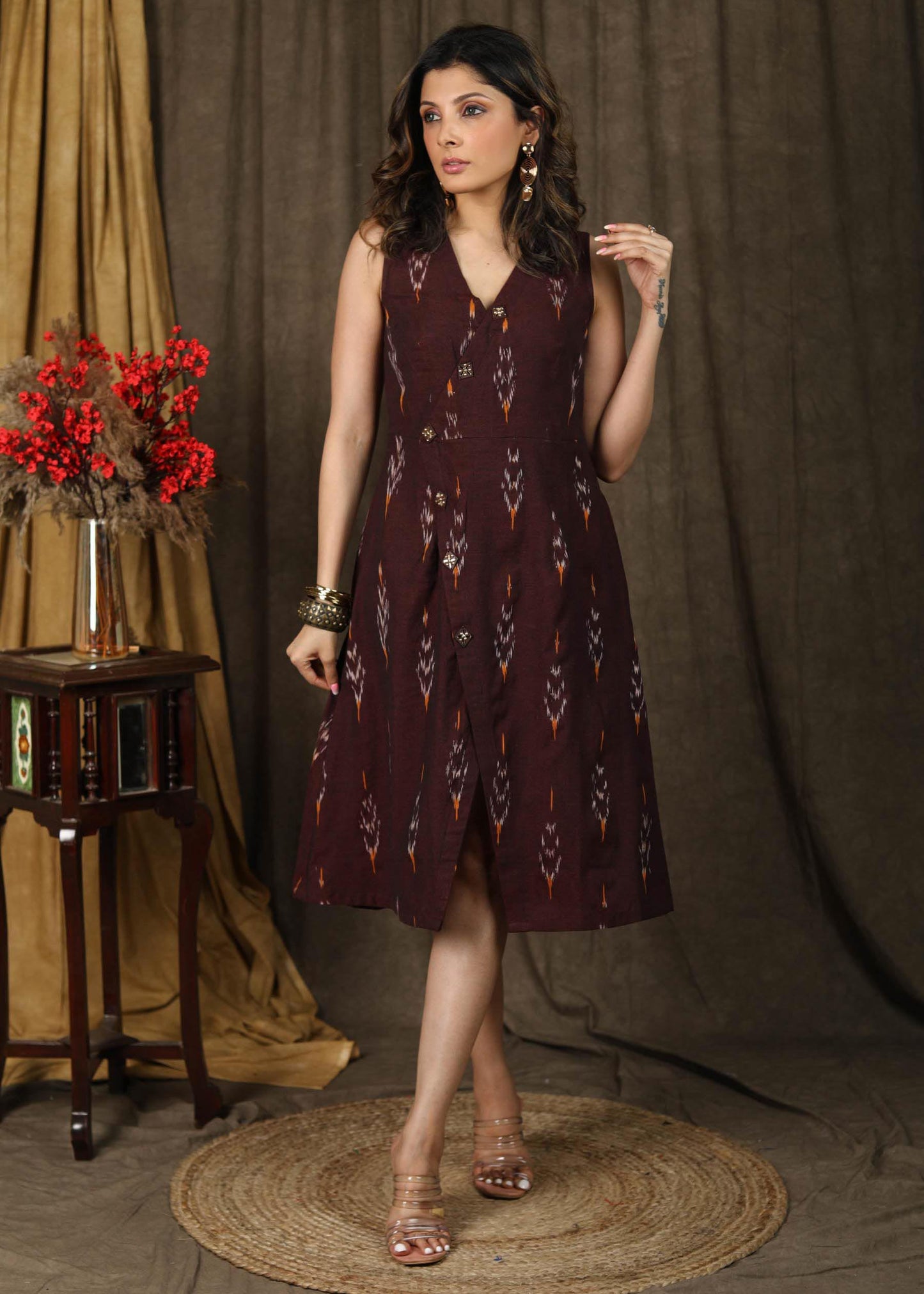 Trendy wine ikat overalp dress highlighted with claasy wooden buttons