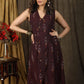 Trendy wine ikat overalp dress highlighted with claasy wooden buttons