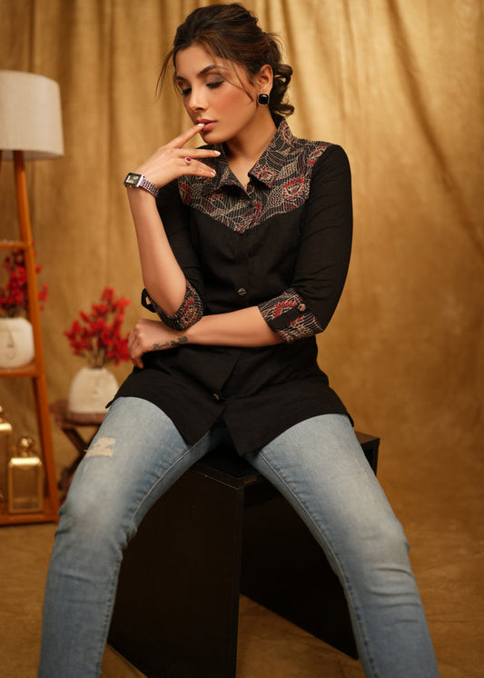 Exclusive Black Shirt with Kantha Ajrakh Combination and Turn Up Sleeves