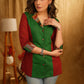 Exclusive Red & Green Cotton Combination Shirt with Ikat Collar and Turn Up Sleeves