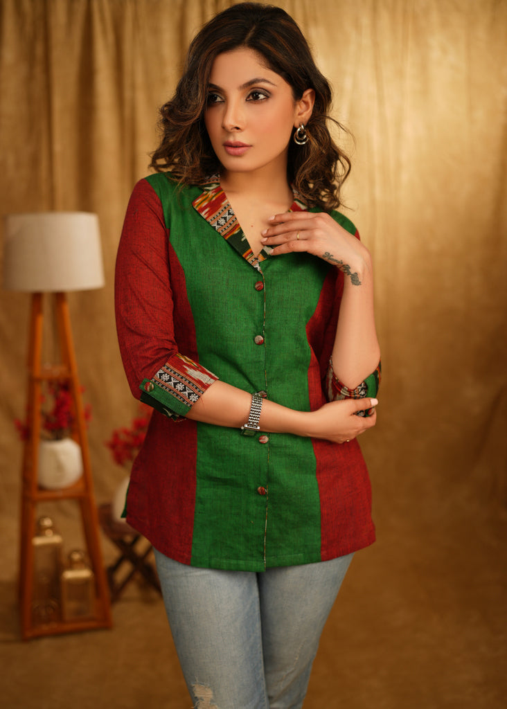 Exclusive Red & Green Cotton Combination Shirt with Ikat Collar and Turn Up Sleeves