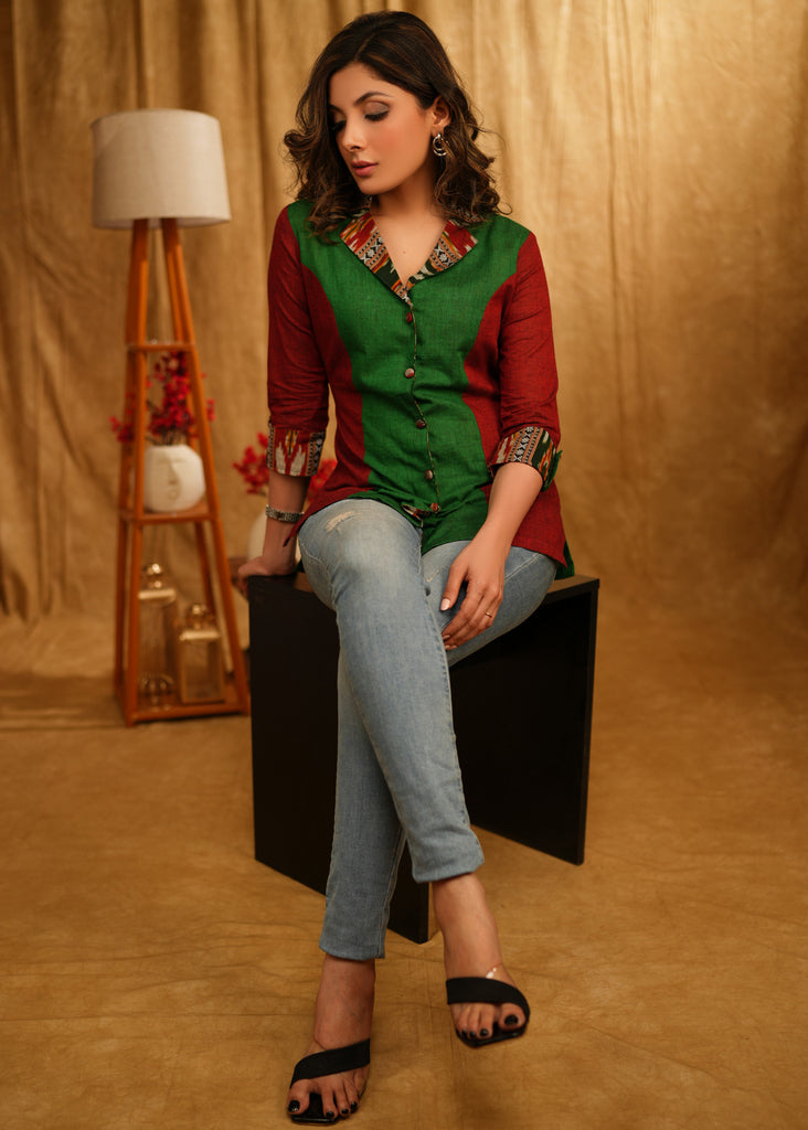 Exclusive Red & Green Cotton Combination Shirt with Ikat Collar and Turn Up Sleeves