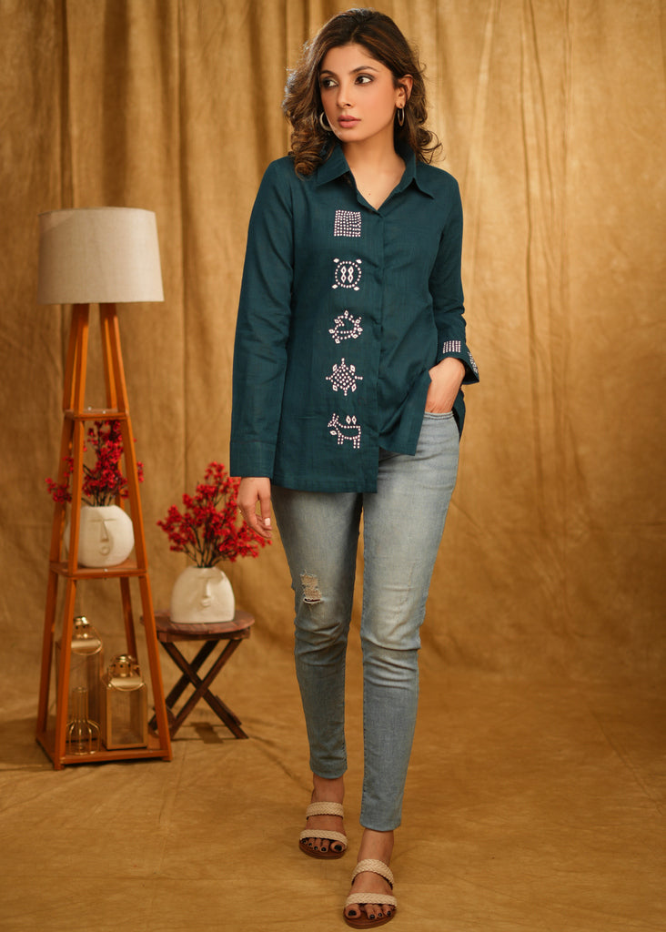 Elegant Teal Handpainted Shirt with Bandhani Motifs on Cuffs and Front Panel