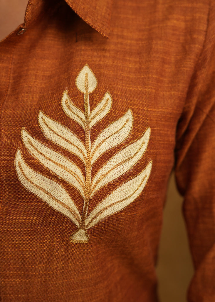 Elegant Rust Pure Cotton Shirt with Leaf Embroidered Motif