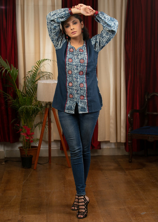 Exclusive Indigo combination top with mirror work