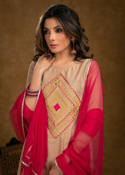 Exclusive Beige Cotton Silk Kurta Highlighted with Classy Zari Work and Dupatta - Pant Optional