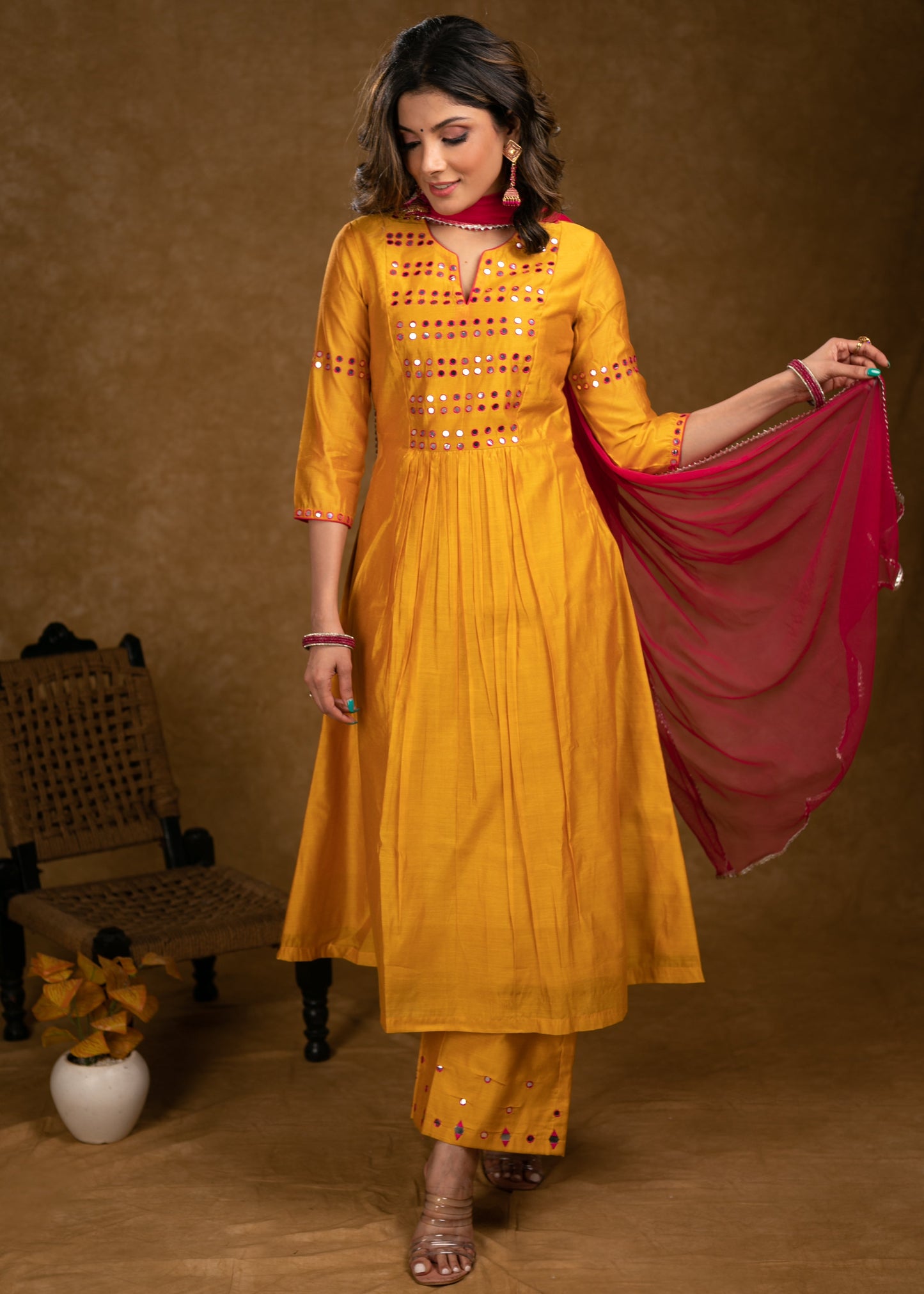 Party Wear Mango Chanderi Kurta Set with Fuchsia Pink Mirror Hand Work on Yoke, Sleeves & Palazzo - Dupatta Optional