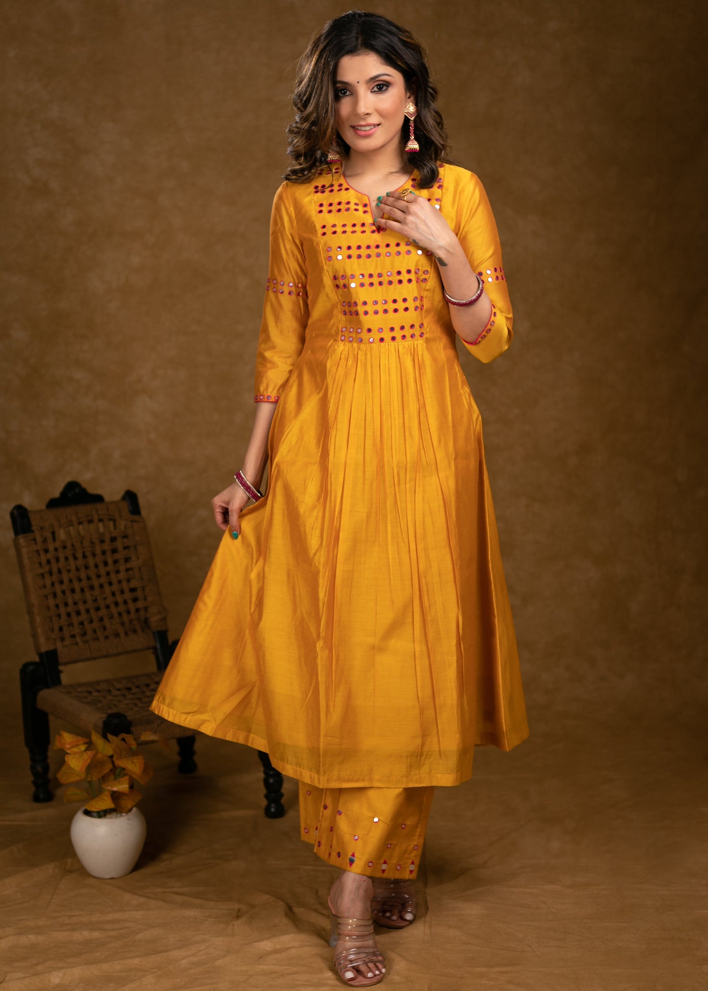 Party Wear Mango Chanderi Kurta Set with Fuchsia Pink Mirror Hand Work on Yoke, Sleeves & Palazzo - Dupatta Optional