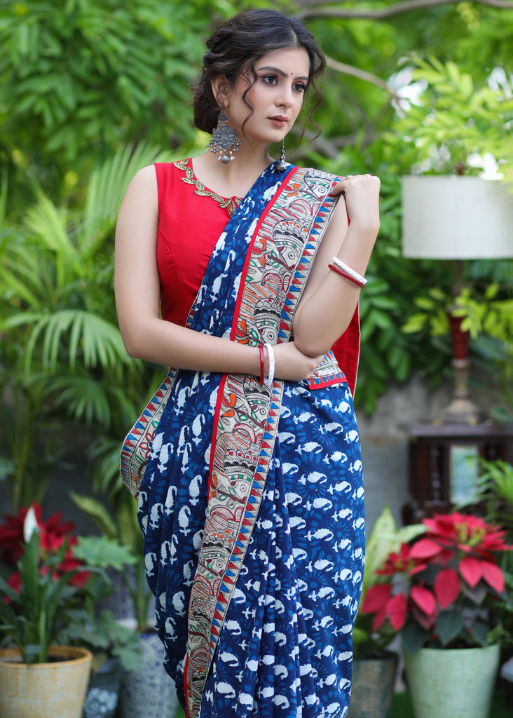 Graceful Indigo print Cotton saree with maroon Cotton Silk Pallu and Madhubani border