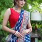 Graceful Indigo print Cotton saree with maroon Cotton Silk Pallu and Madhubani border