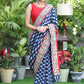 Graceful Indigo print Cotton saree with maroon Cotton Silk Pallu and Madhubani border