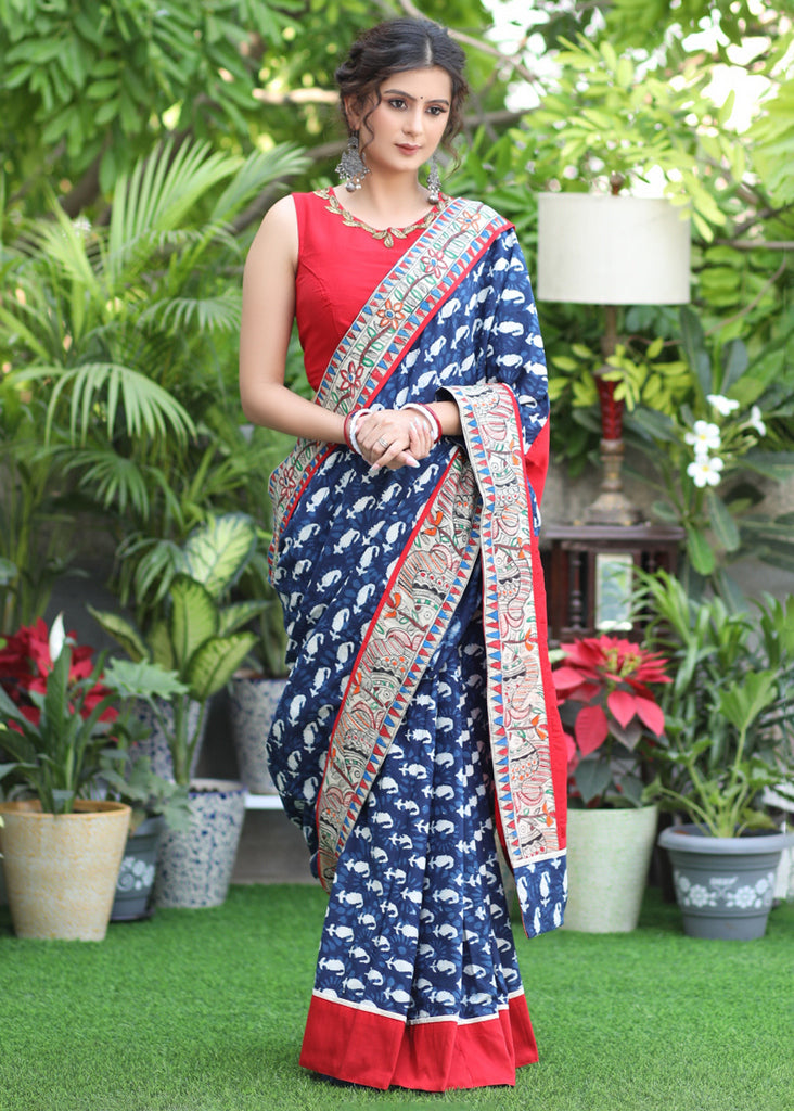 Graceful Indigo print Cotton saree with maroon Cotton Silk Pallu and Madhubani border