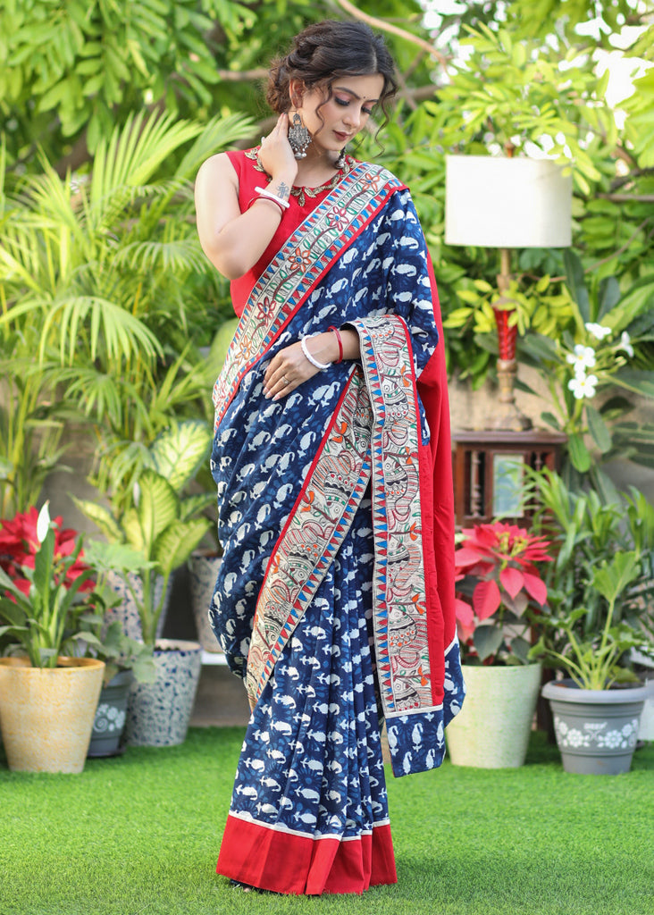 Graceful Indigo print Cotton saree with maroon Cotton Silk Pallu and Madhubani border