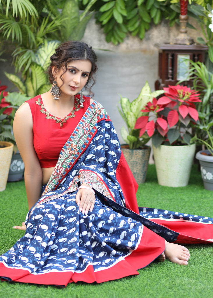 Graceful Indigo print Cotton saree with maroon Cotton Silk Pallu and Madhubani border