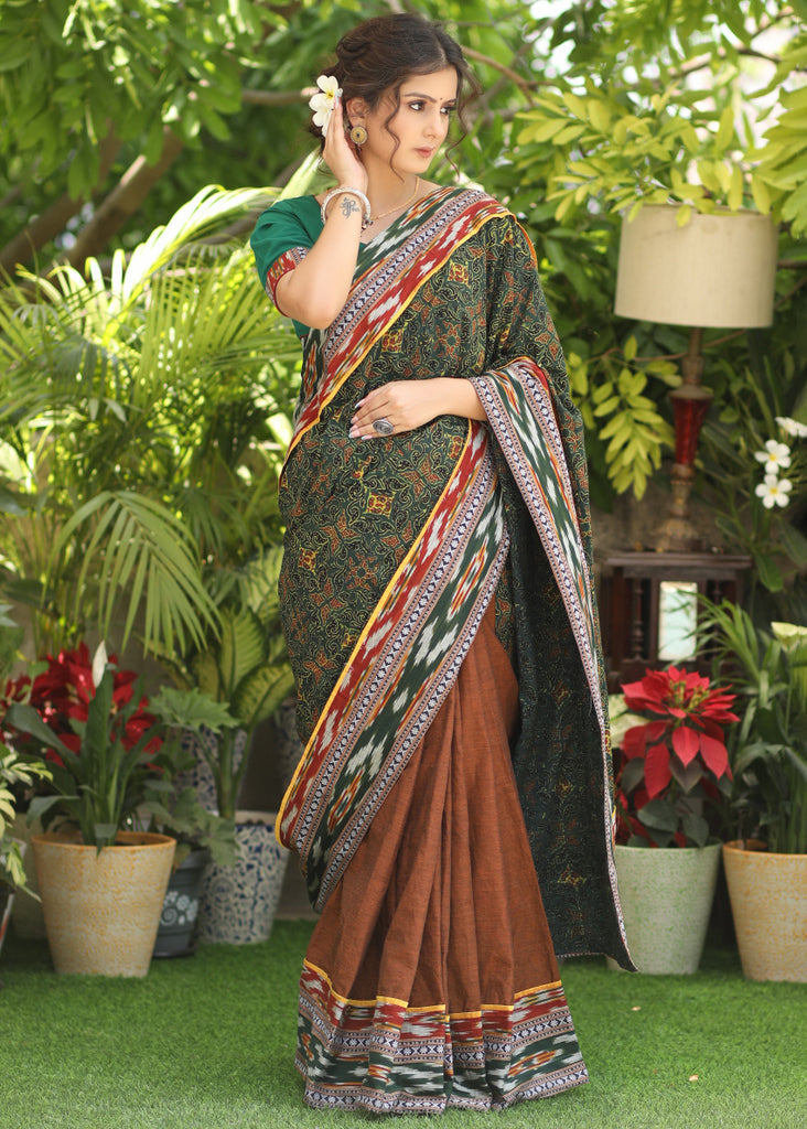 Standout brown Cotton saree with Ajrakh combination Pallu with Gorgeous Ikaat border