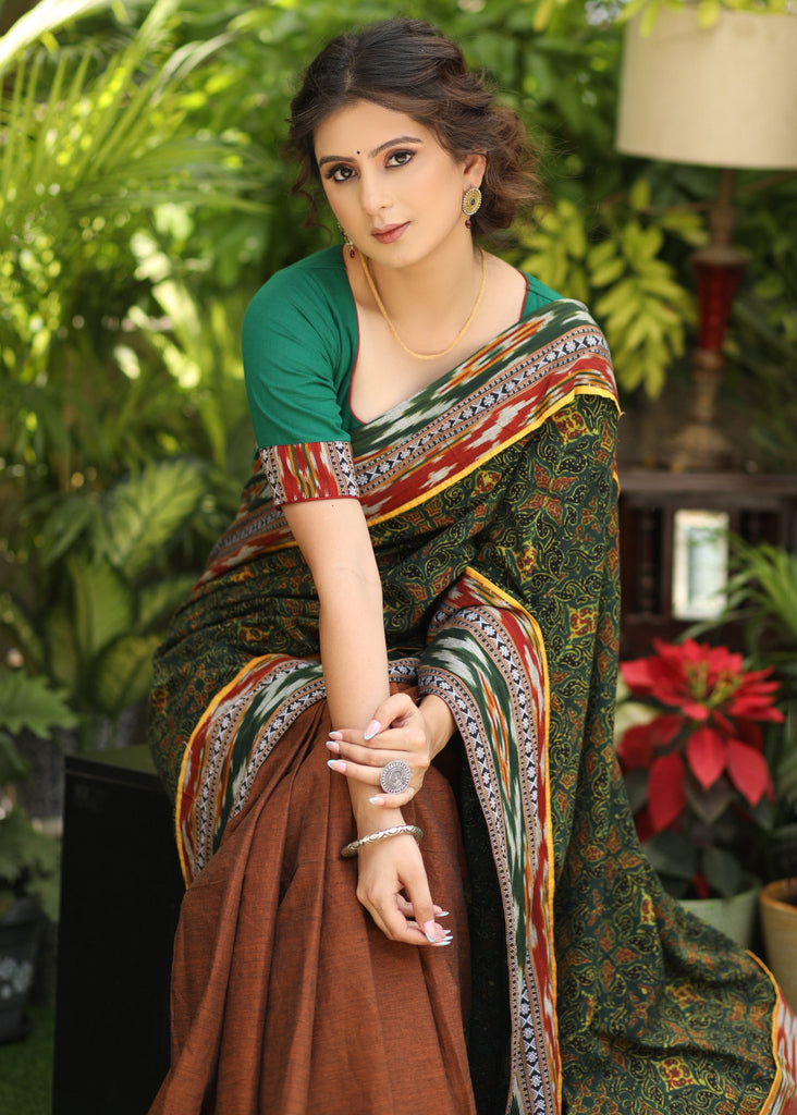 Standout brown Cotton saree with Ajrakh combination Pallu with Gorgeous Ikaat border