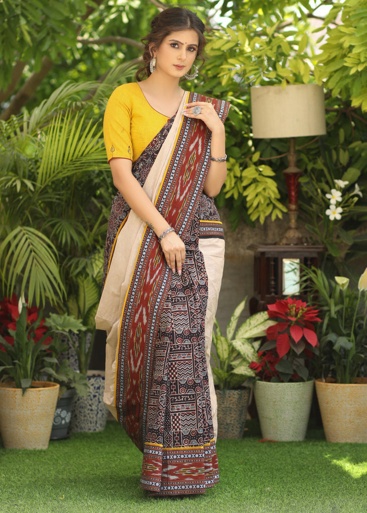 Smart cotton Ajrakh & plain cream Cotton saree with beautiful Ikaat, Ajrakh border