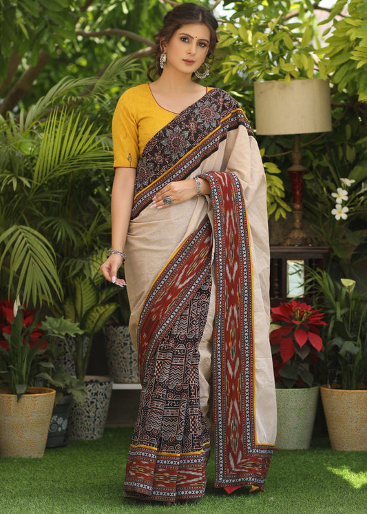 Smart cotton Ajrakh & plain cream Cotton saree with beautiful Ikaat, Ajrakh border