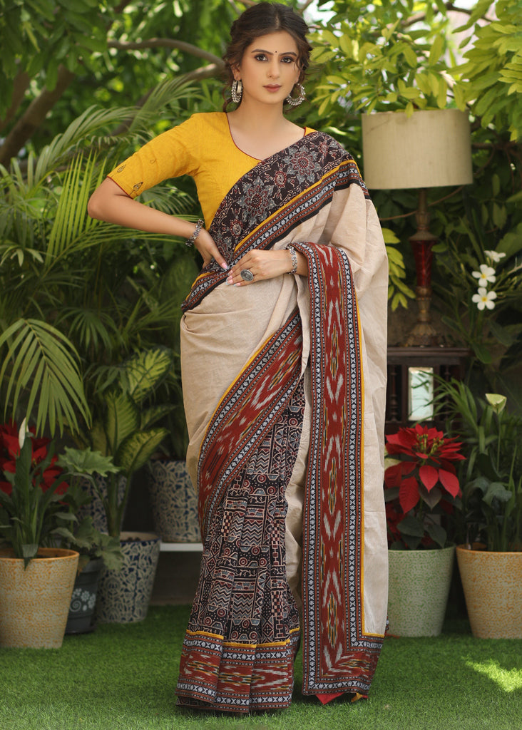 Smart cotton Ajrakh & plain cream Cotton saree with beautiful Ikaat, Ajrakh border