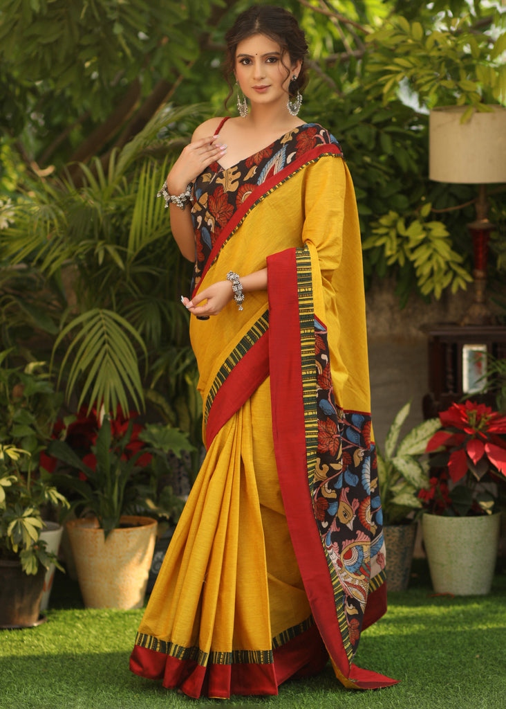 Surreal yellow Cotton saree with Handcrafted Kalamkari Pallu and border