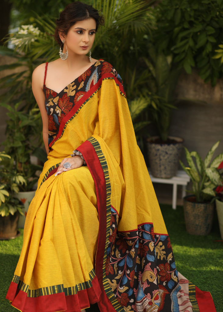 Surreal yellow Cotton saree with Handcrafted Kalamkari Pallu and border