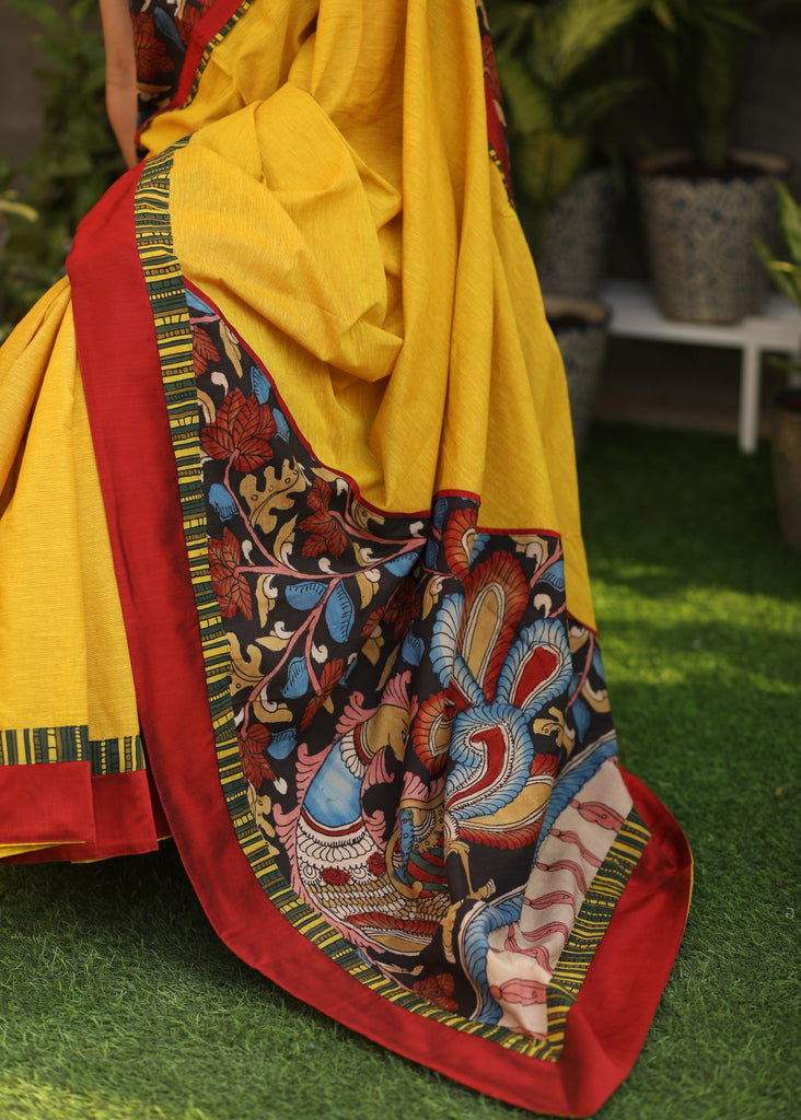 Surreal yellow Cotton saree with Handcrafted Kalamkari Pallu and border