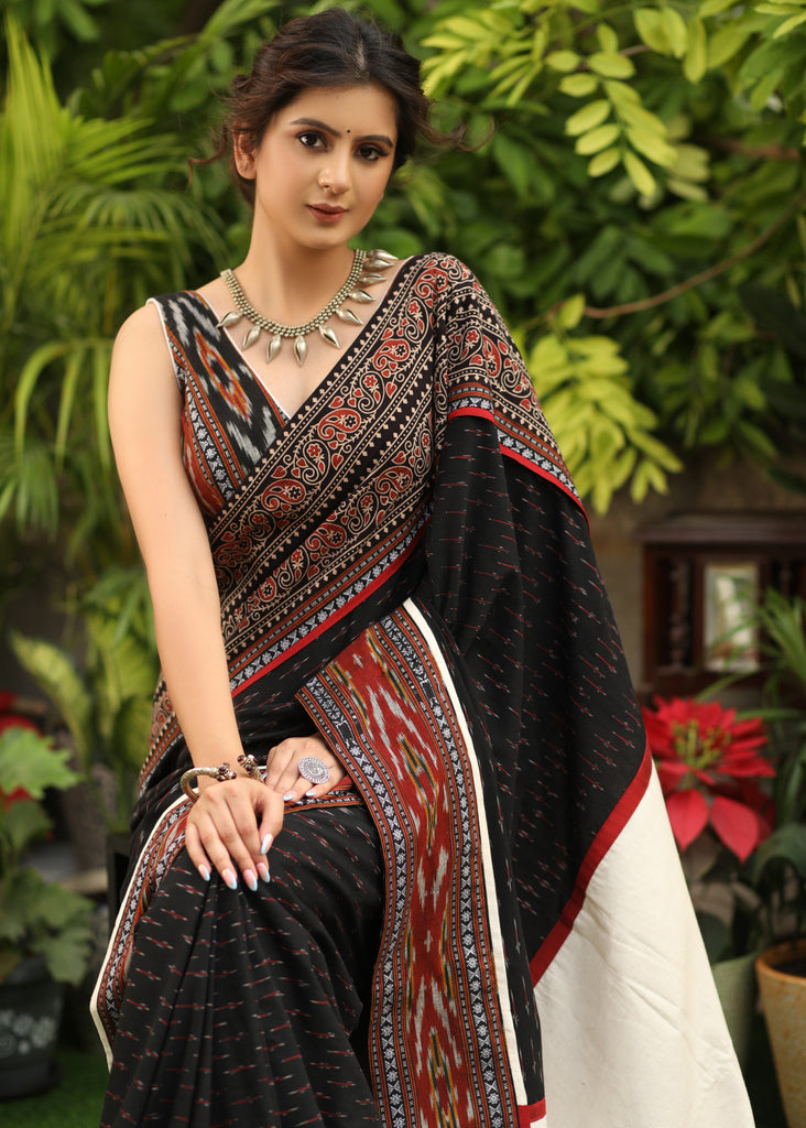 Classy black Ikat saree with Ajrakh & Ikat combination border