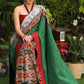 Serene Ikat cotton saree with green pallu and grey pleated border