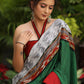 Serene Ikat cotton saree with green pallu and grey pleated border