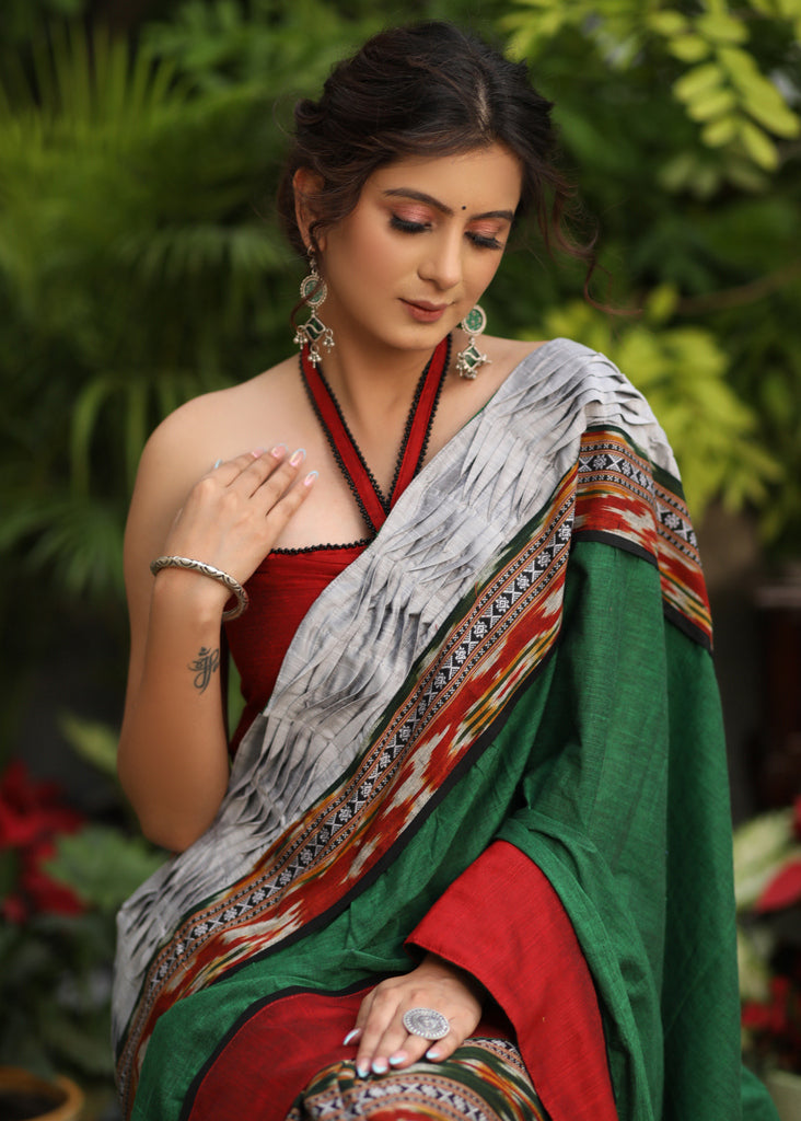 Serene Ikat cotton saree with green pallu and grey pleated border