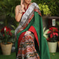 Serene Ikat cotton saree with green pallu and grey pleated border