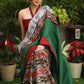 Serene Ikat cotton saree with green pallu and grey pleated border