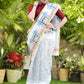 Serene Abstract White Block Print Cotton Saree with Exclusive Patchwork