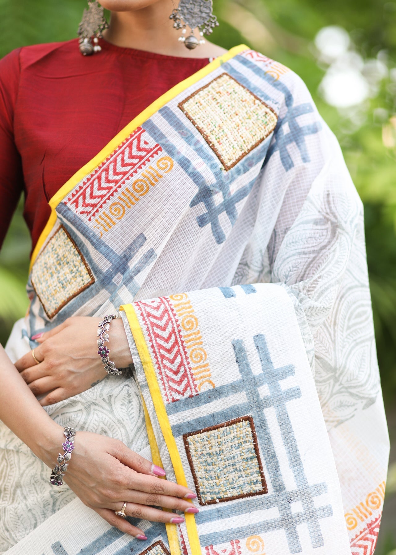 Serene Abstract White Block Print Cotton Saree with Exclusive Patchwork