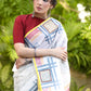 Serene Abstract White Block Print Cotton Saree with Exclusive Patchwork