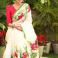 Serene Cream Hand Painted Pure Silk Saree with Exclusive Floral Motifs